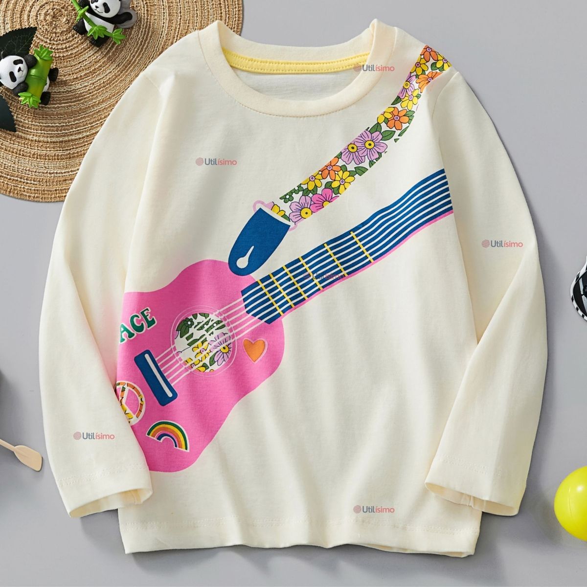 JUMP KIDS - Polera Algodón Manga Larga Niña Camiseta Guitarra Blanco
