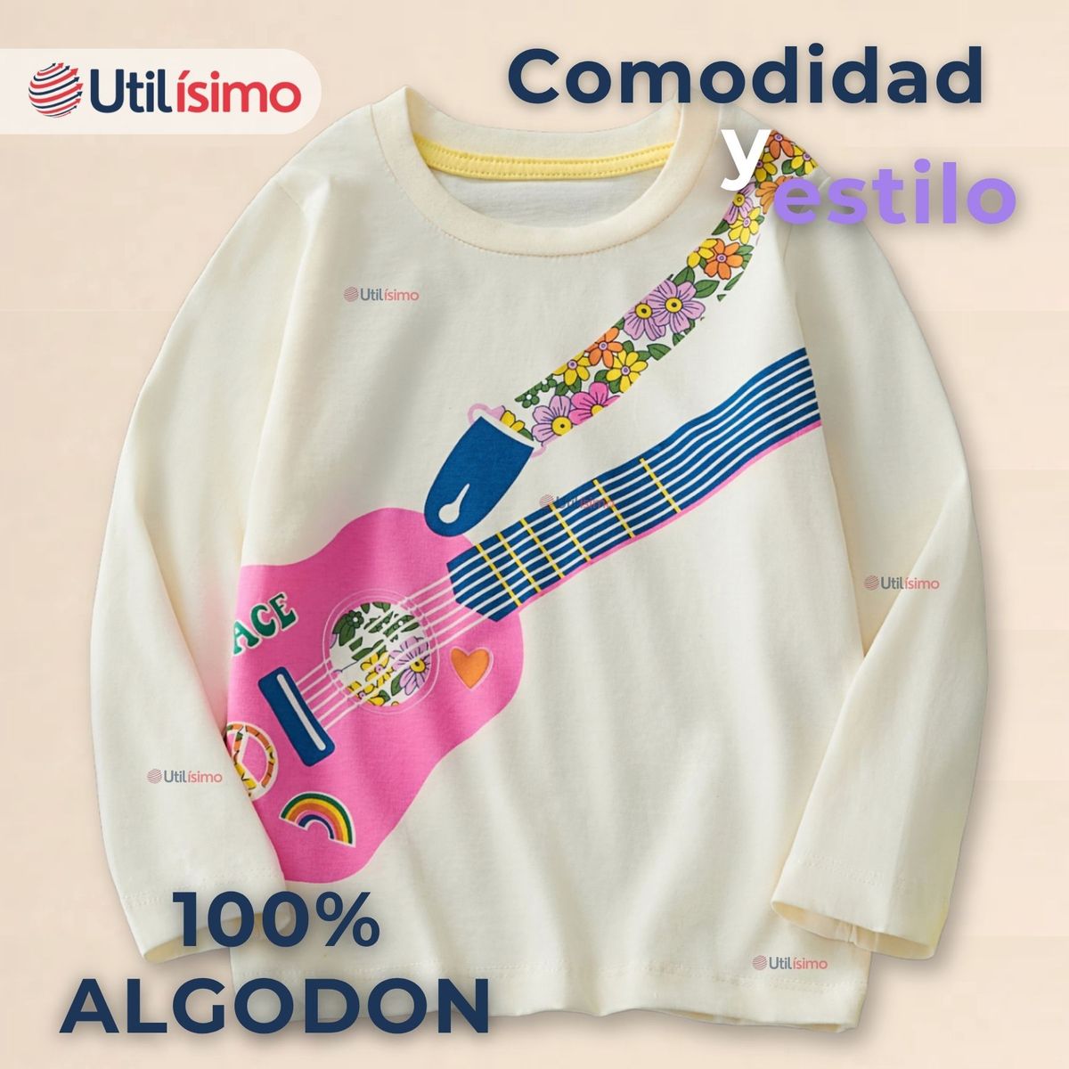 JUMP KIDS - Polera Algodón Manga Larga Niña Camiseta Guitarra Blanco