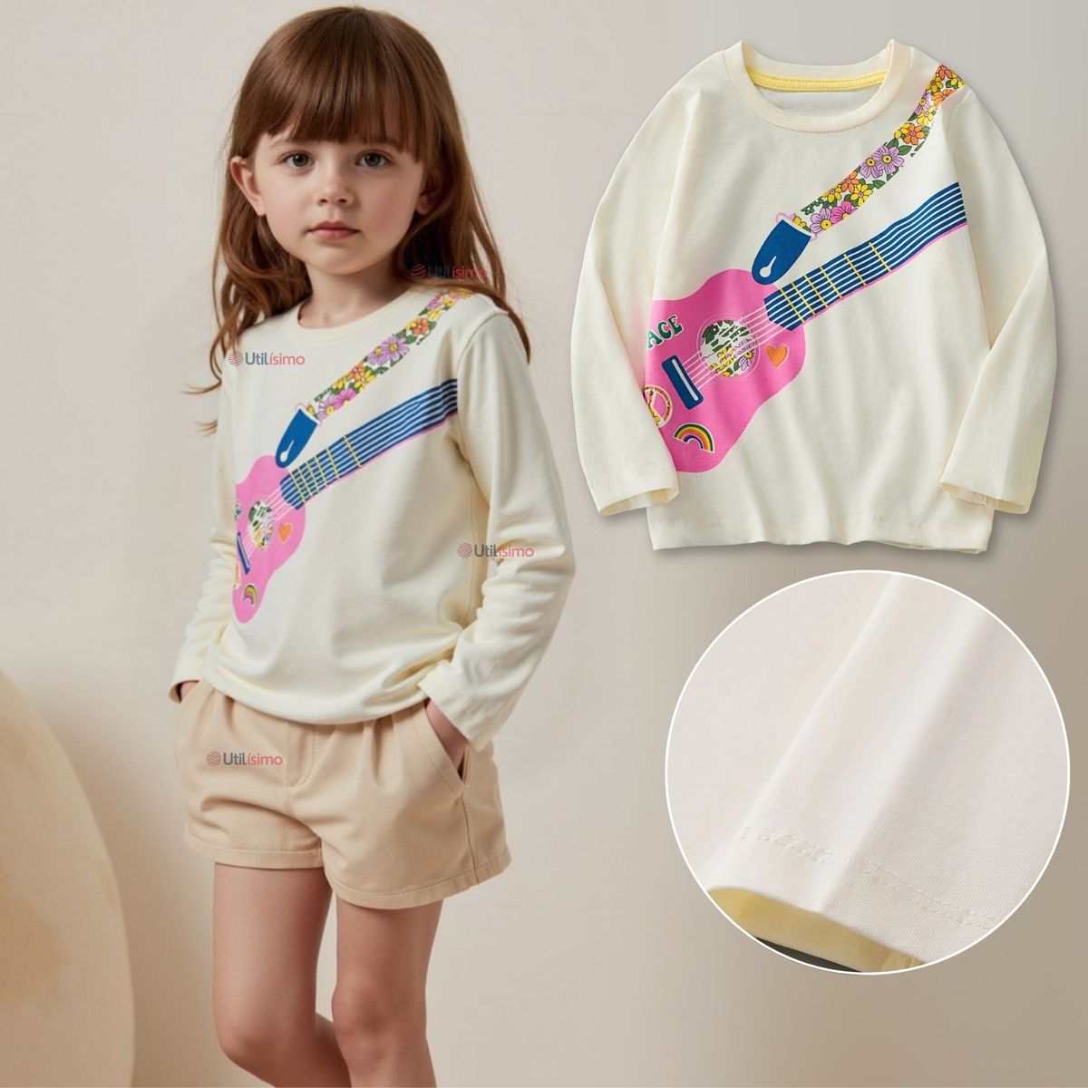 JUMP KIDS - Polera Algodón Manga Larga Niña Camiseta Guitarra Blanco