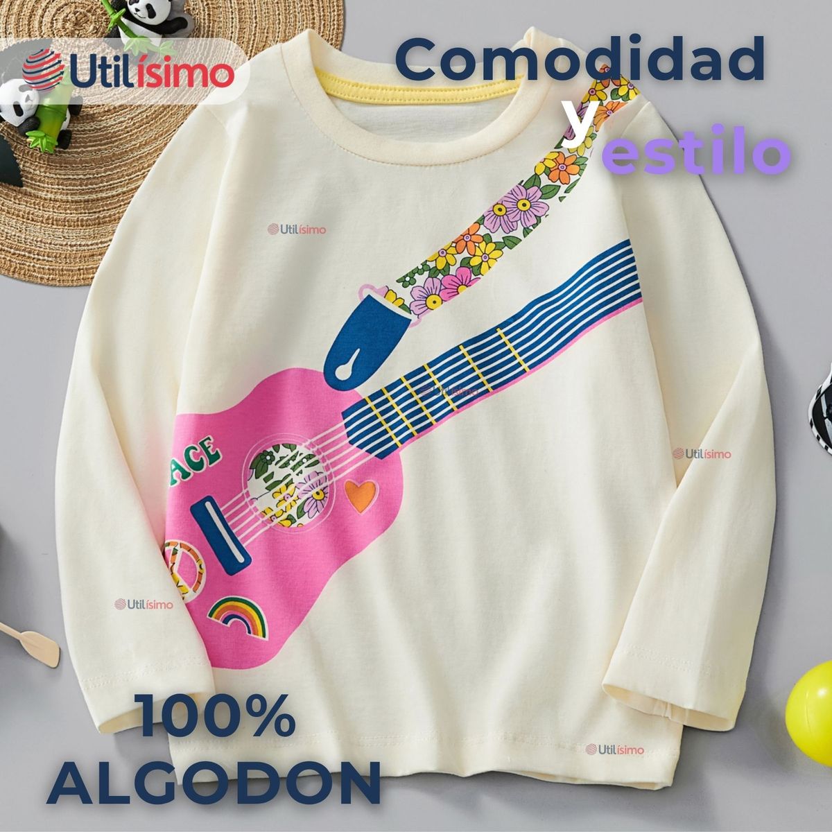 JUMP KIDS - Polera Algodón Manga Larga Niña Camiseta Guitarra Blanco