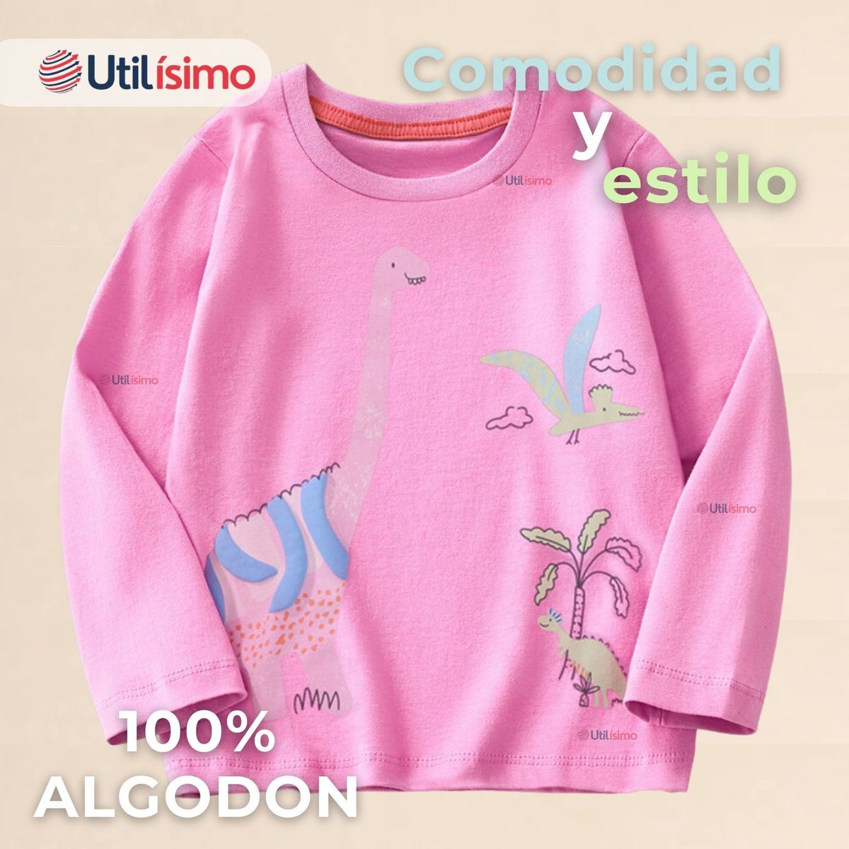 JUMP KIDS - Polera Algodón Manga Larga Niña Camiseta Dinosaurio Fucsia