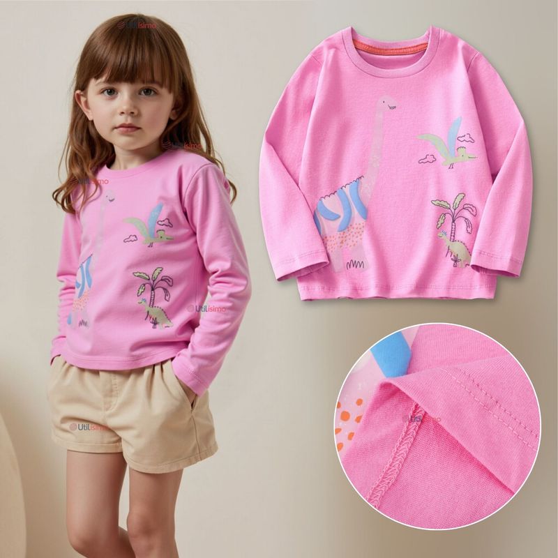 JUMP KIDS - Polera Algodón Manga Larga Niña Camiseta Dinosaurio Fucsia