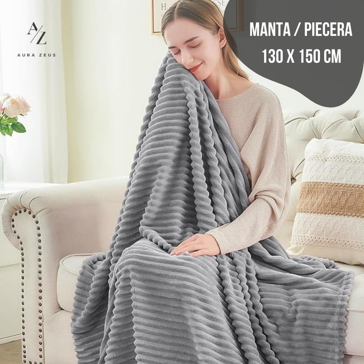 AZ AURAZEUS - Frazada Manta Piecera 130 X 150 Cm Termica Rayas Sherpa Aura Zeus