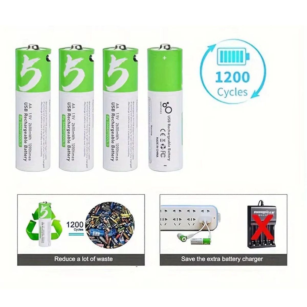 GENERICO - Pack 2 Pilas AA Litio Recargables USB C 2600mAh
