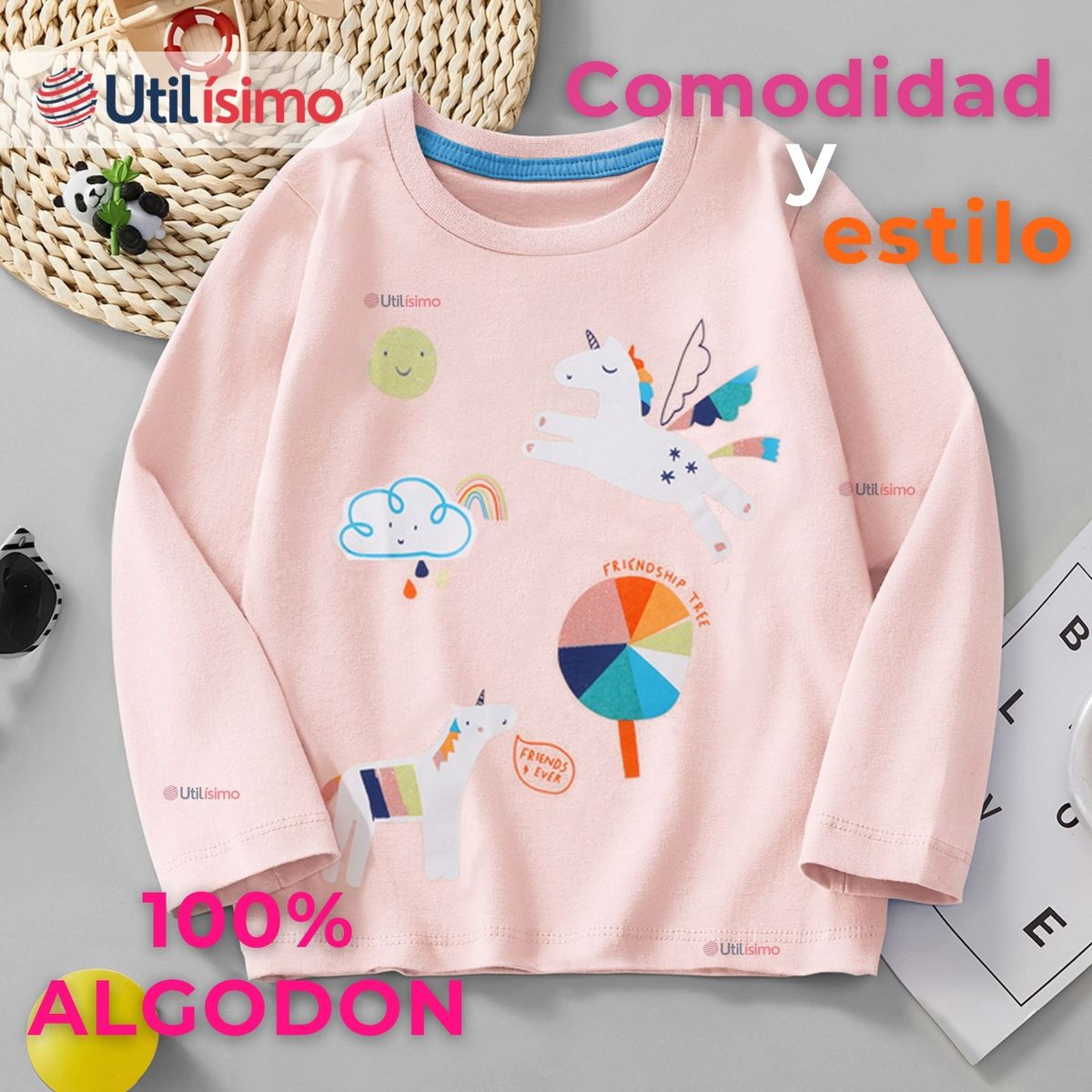 JUMP KIDS - Polera Algodón Manga Larga Niña Camiseta Unicornios Rosado