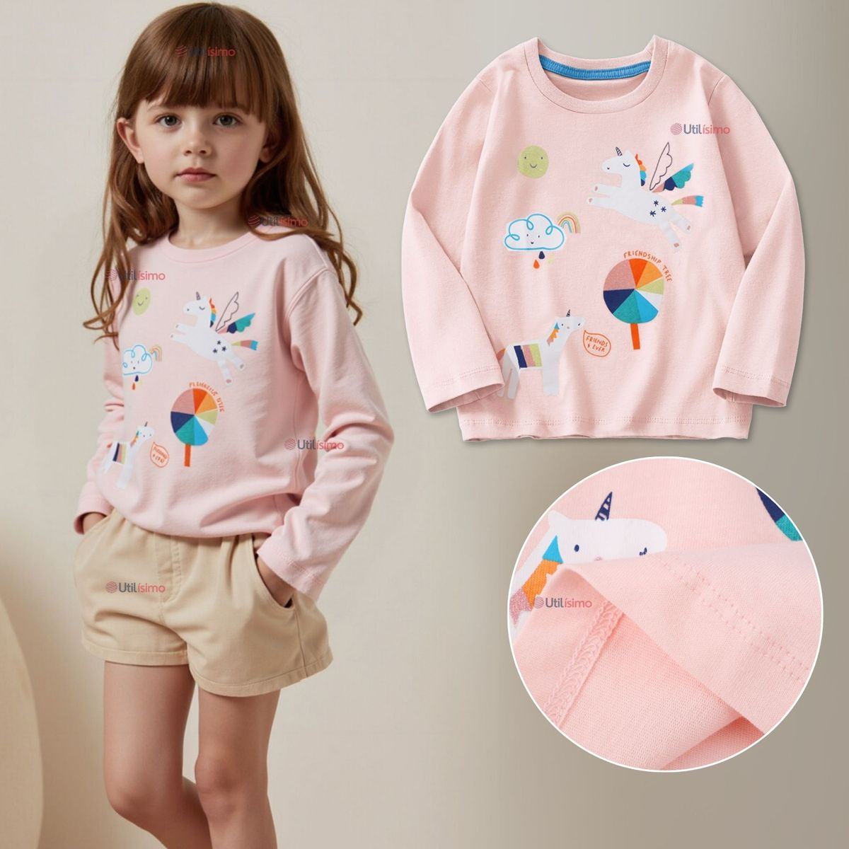 JUMP KIDS - Polera Algodón Manga Larga Niña Camiseta Unicornios Rosado