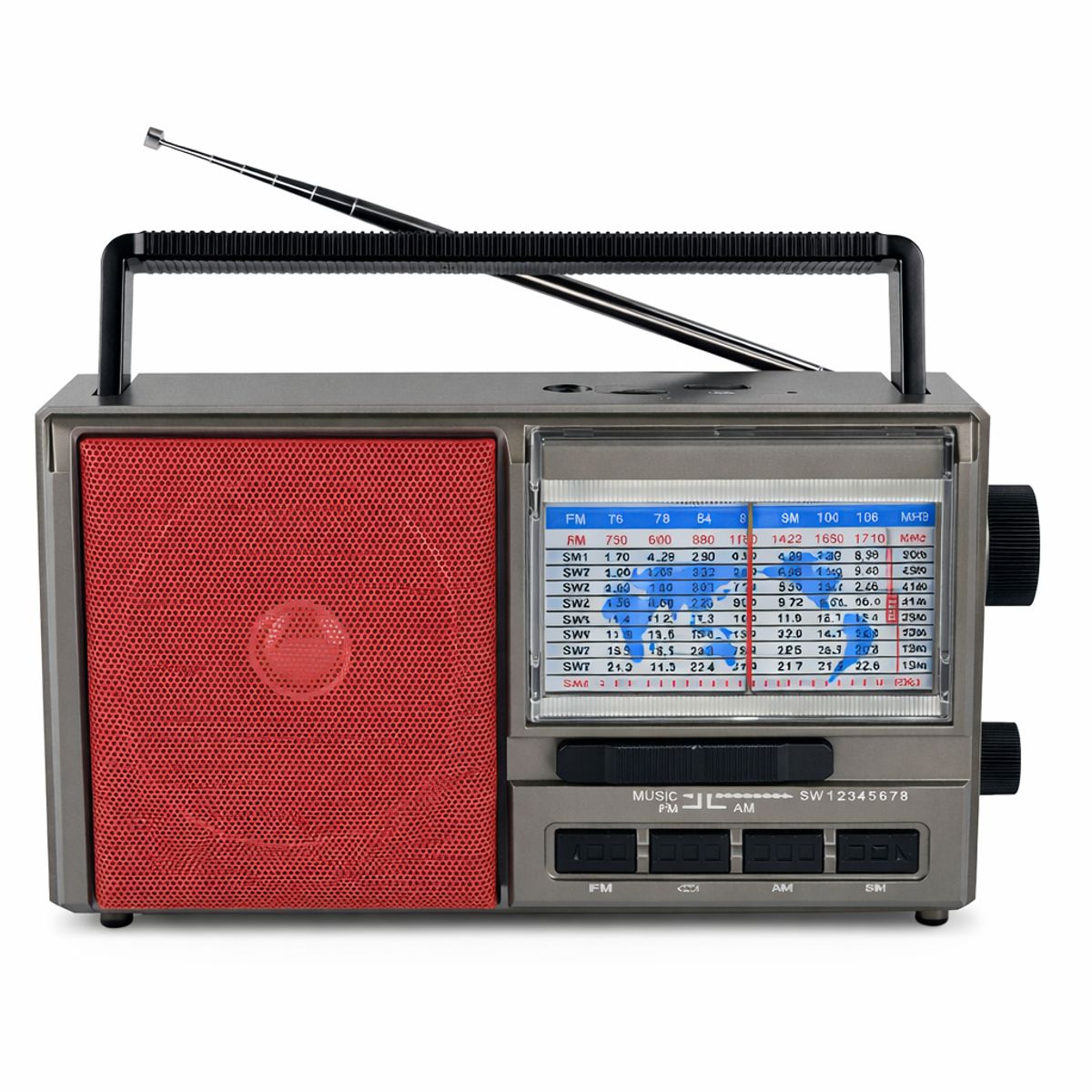 GENERICO - Radio Vintage FM AM SW USB BT TF Solar Pilas Recargable Rojo