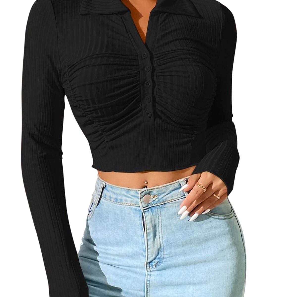 GARSIL - Crop Top Para Mujer Cuello Polo - Pique De Manga Larga