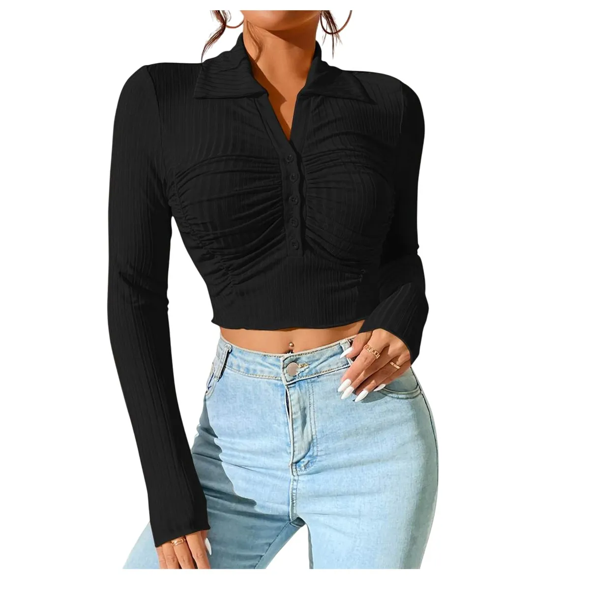 GARSIL - Crop Top Para Mujer Cuello Polo - Pique De Manga Larga