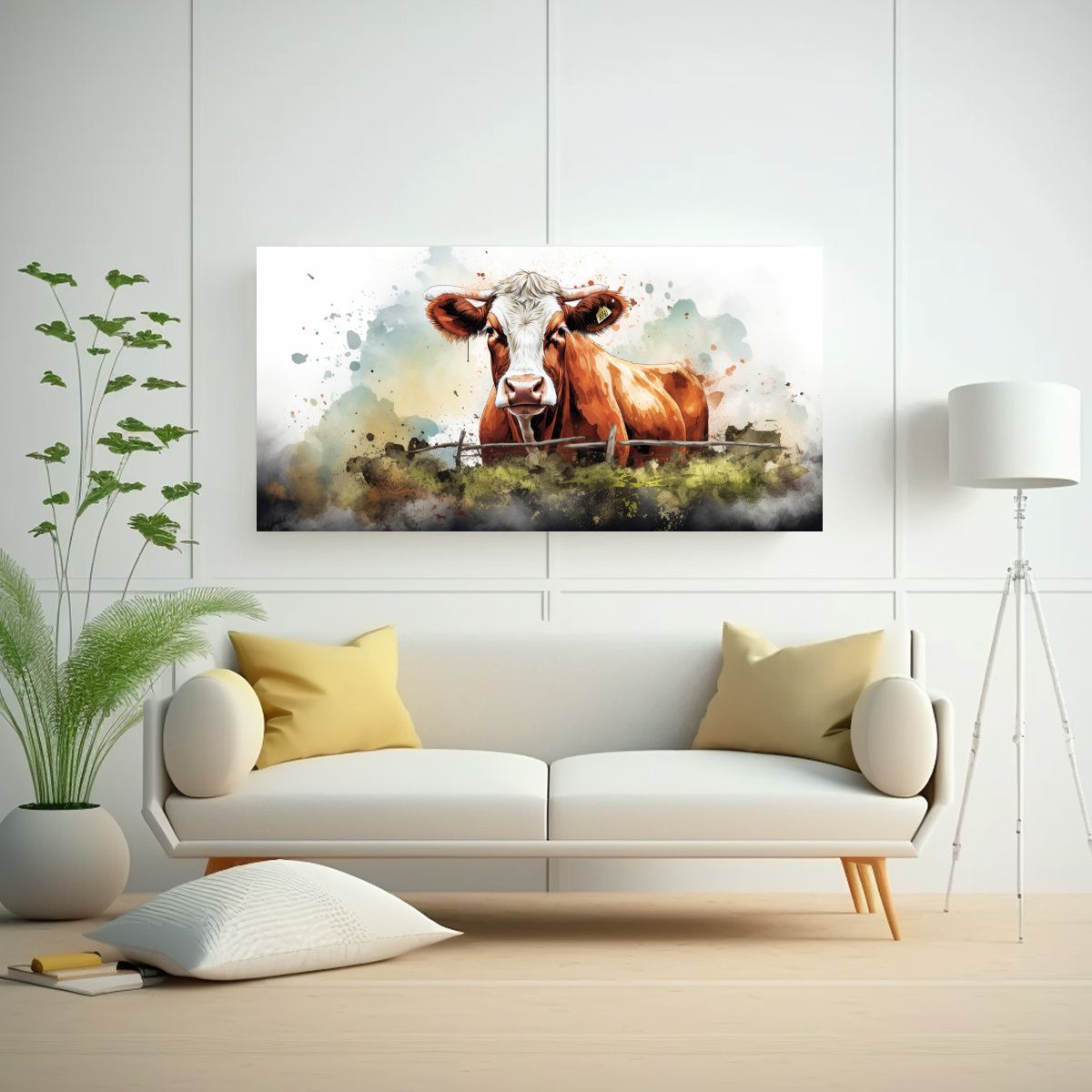 GENERICO - Pintura Alegre De Una Vaca Hereford En Acuarelas 60x30 Cm