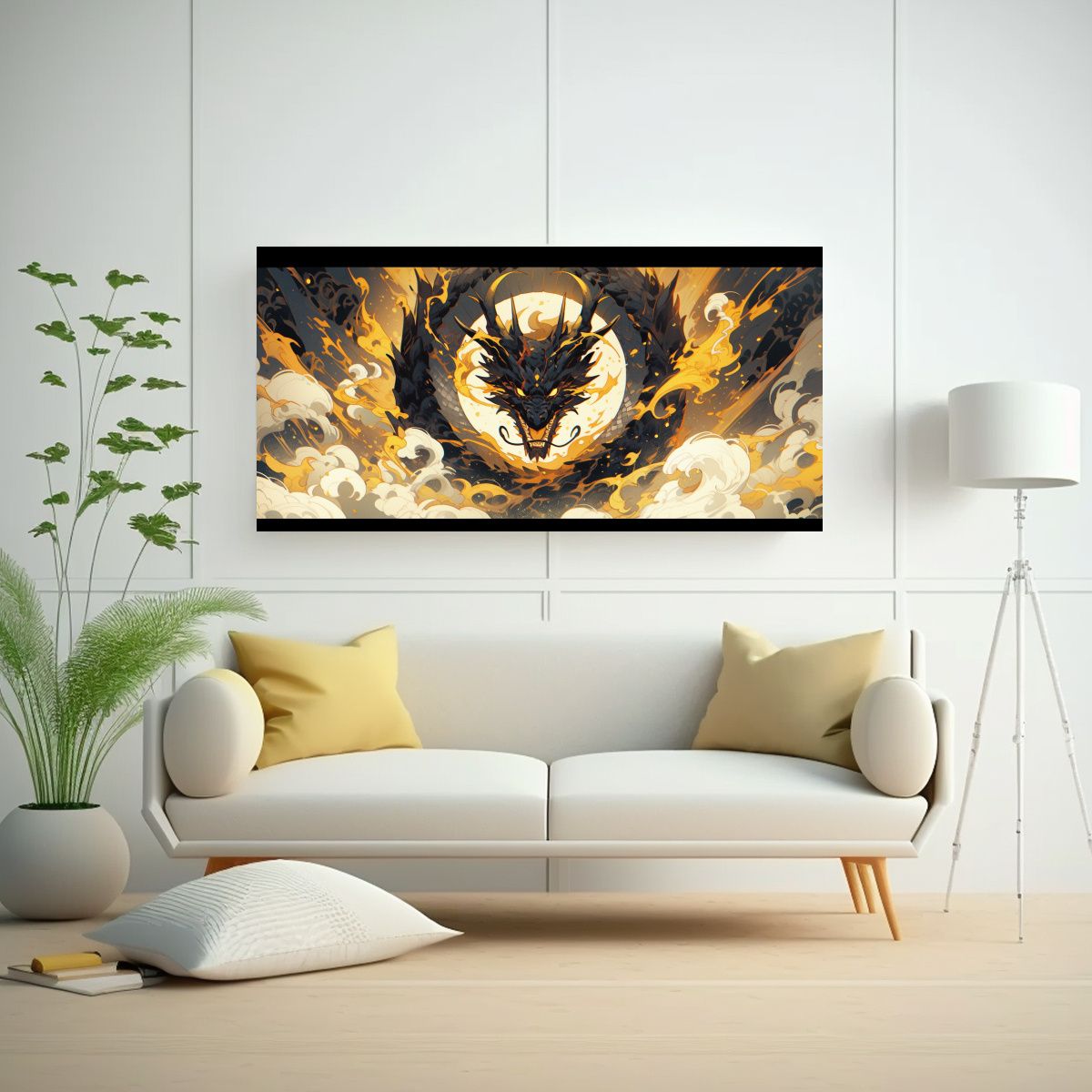 GENERICO - Pintura De Dragón En Tonos Amarillo Y Dorado Con 60x30 Cm