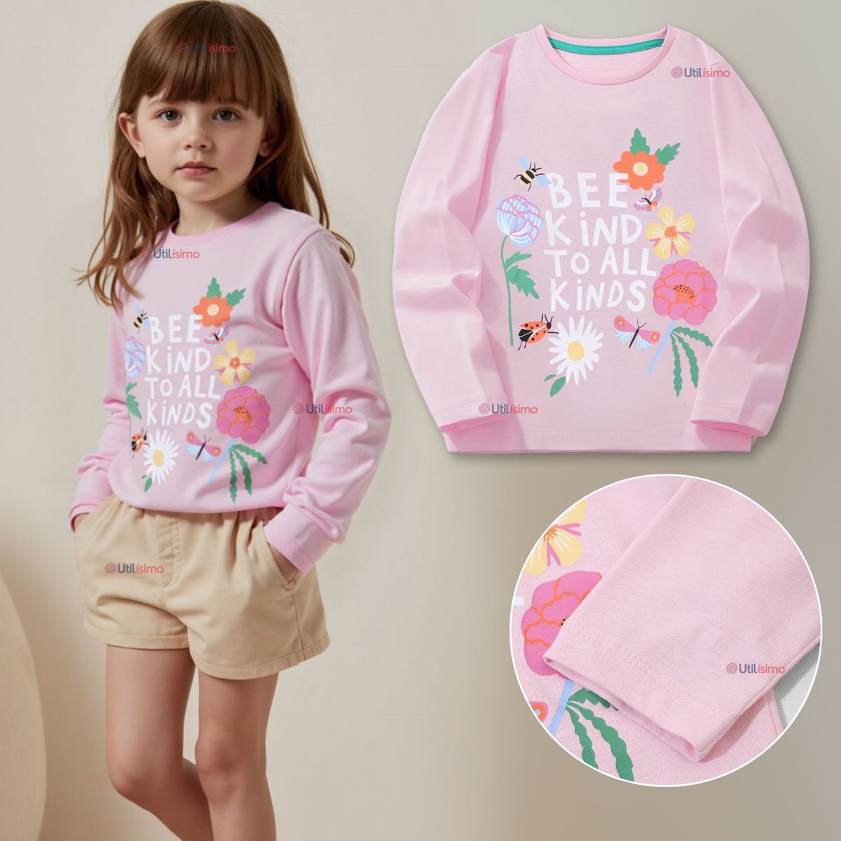 JUMP KIDS - Polera Algodón Manga Larga Niña Camiseta Flores Rosado