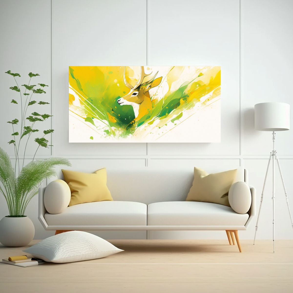 GENERICO - Acuarela Vivaz Antílope En Amarillo Y Verde 80x40 Cm