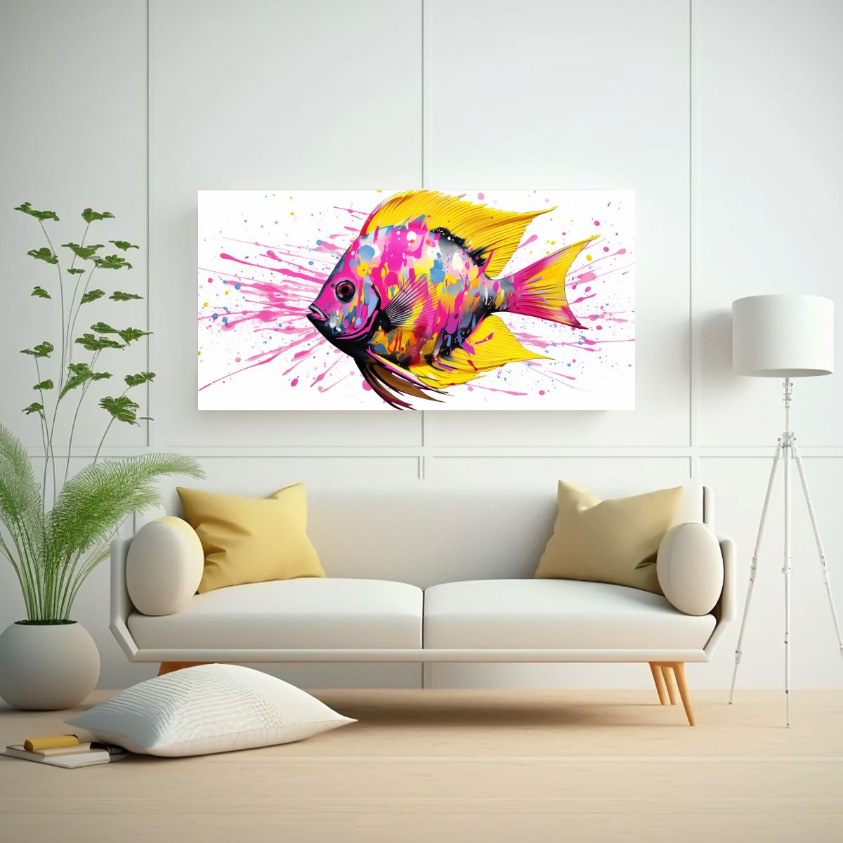 GENERICO - Pez Ángel En Amarillo Y Rosa Arte Pop Neo 60x30 Cm