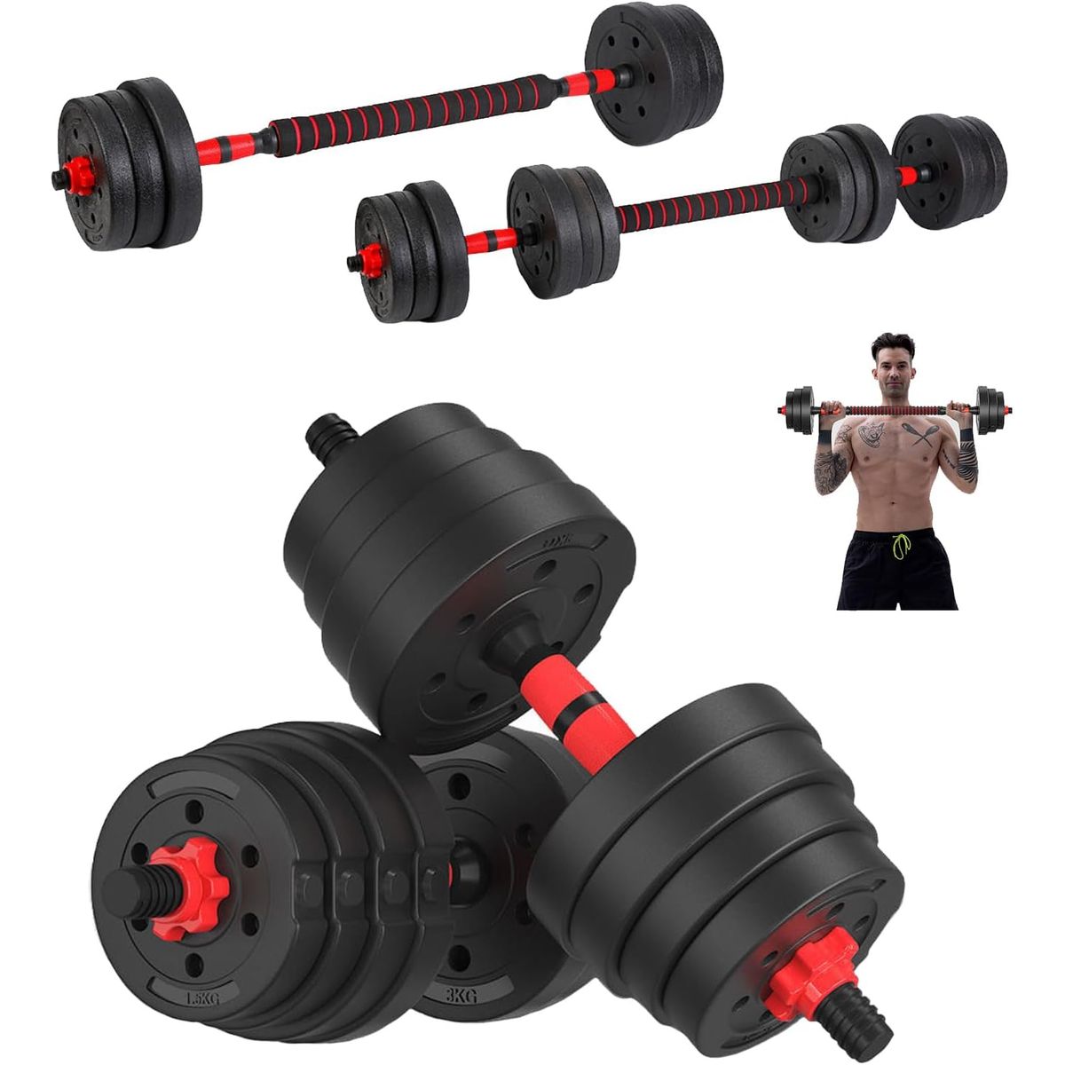 GENERICO - Set De Mancuernas Unibles De 20kg Con Barra De Extensión