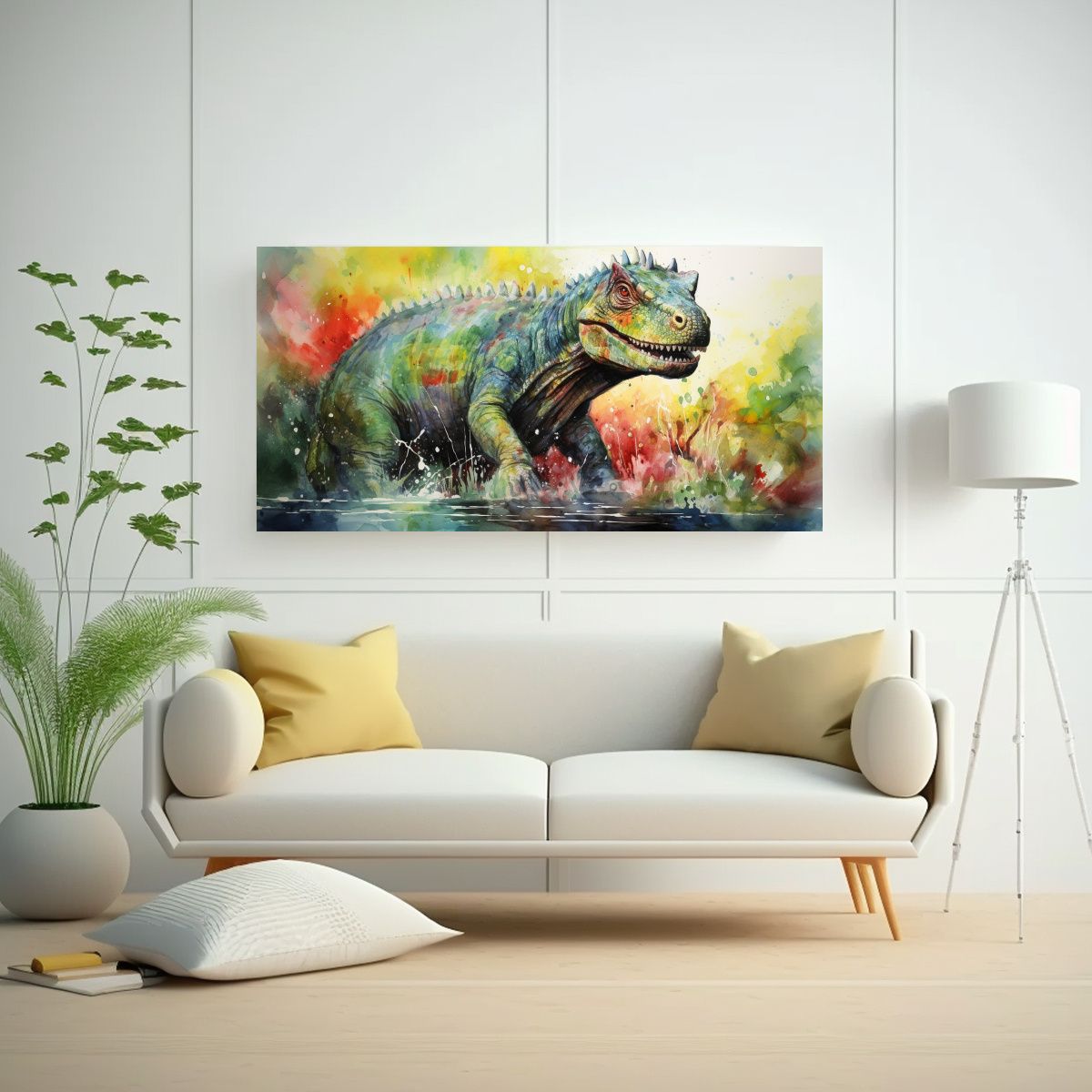 GENERICO - Cuadro Brillante De Iguanodon En Acuarela Colorida 60x30 Cm