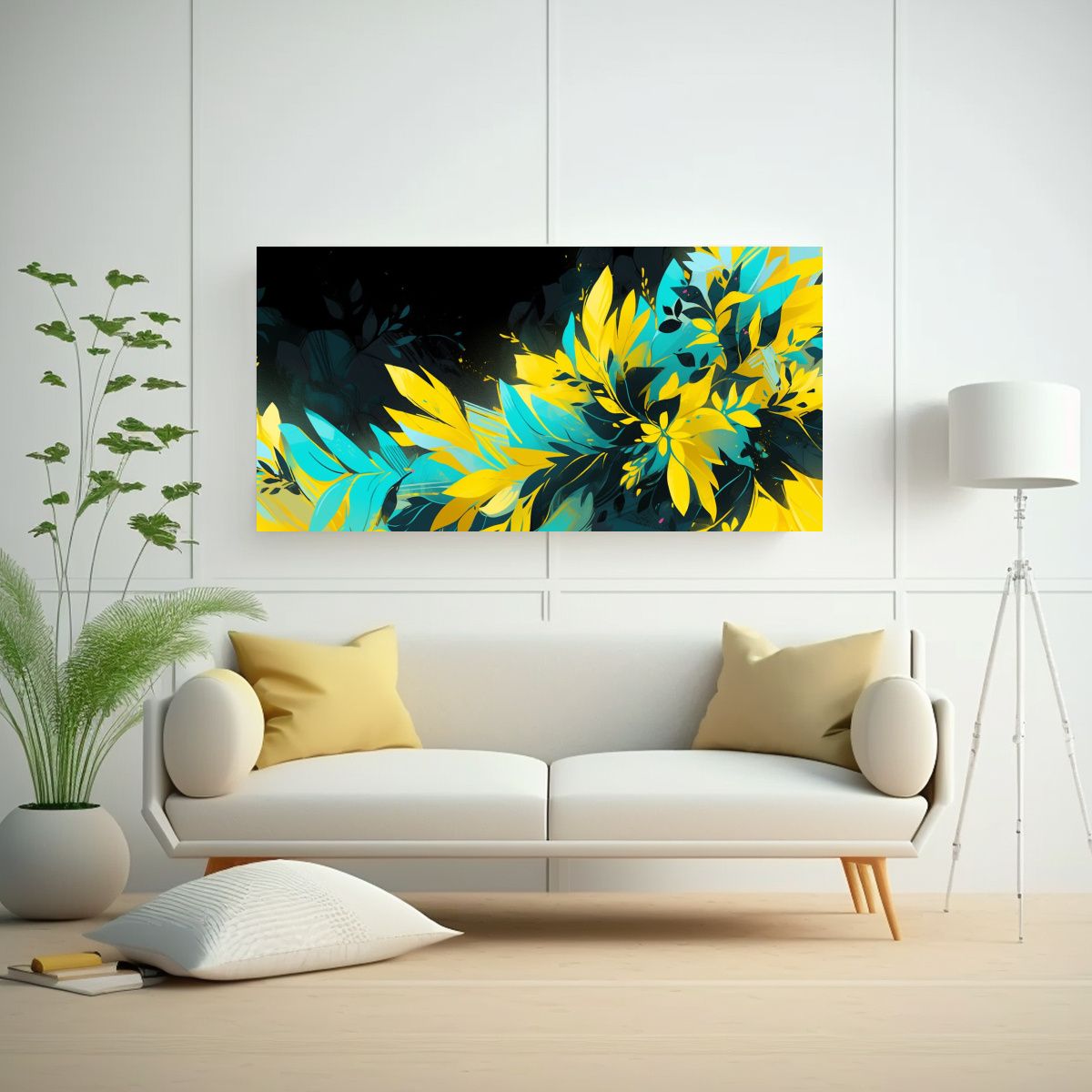 GENERICO - Cuadro Expresión Amarillo Y Turquesa Colores 80x40 Cm