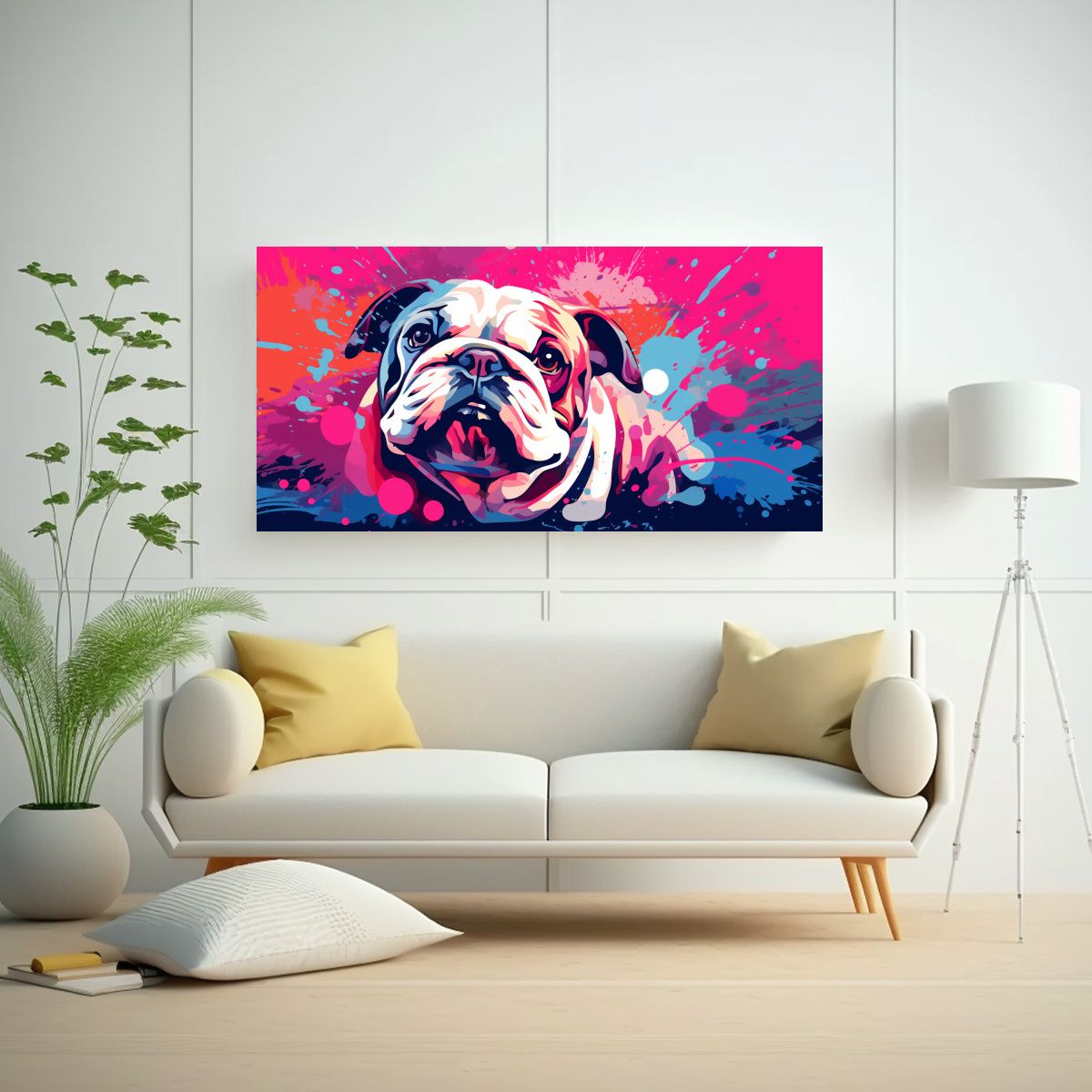 GENERICO - Cuadro Acuarela Lineal Bulldog En Colores Rosa 80x40 Cm