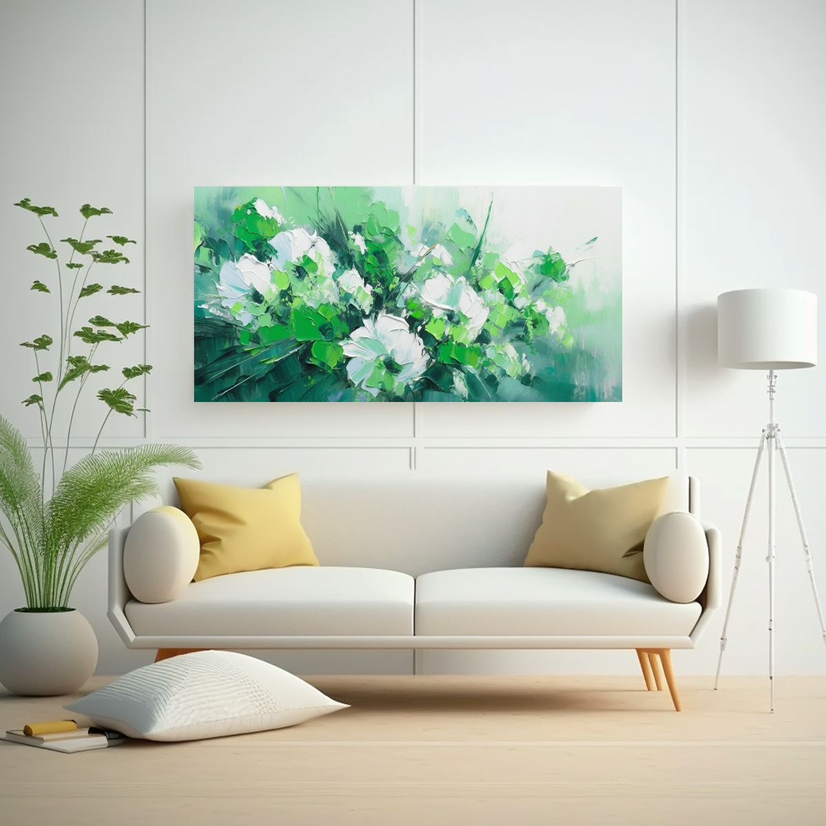 GENERICO - Pintura En Lienzo Floral Verde Y Plateado En 100x50 Cm