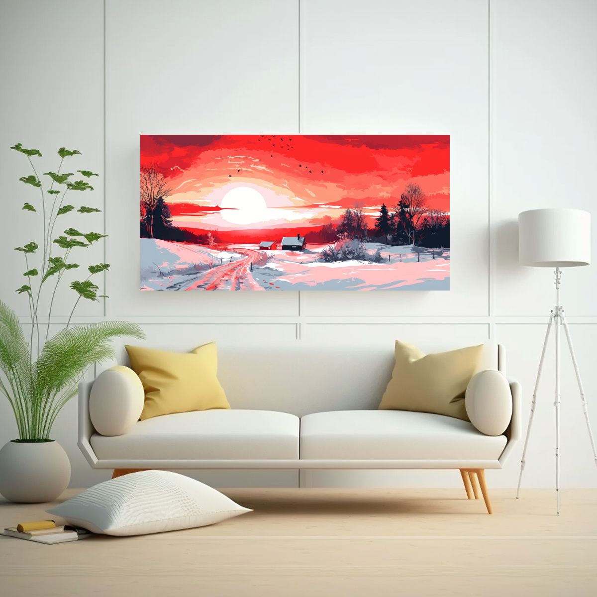 GENERICO - Paisaje Invernal Vibrante Con Colores Rojos En 100x50 Cm