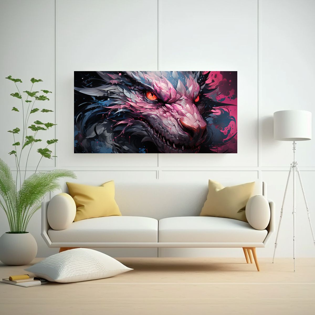 GENERICO - Cuadro único Dragón En Negro Y Rosa Ambiente 60x30 Cm