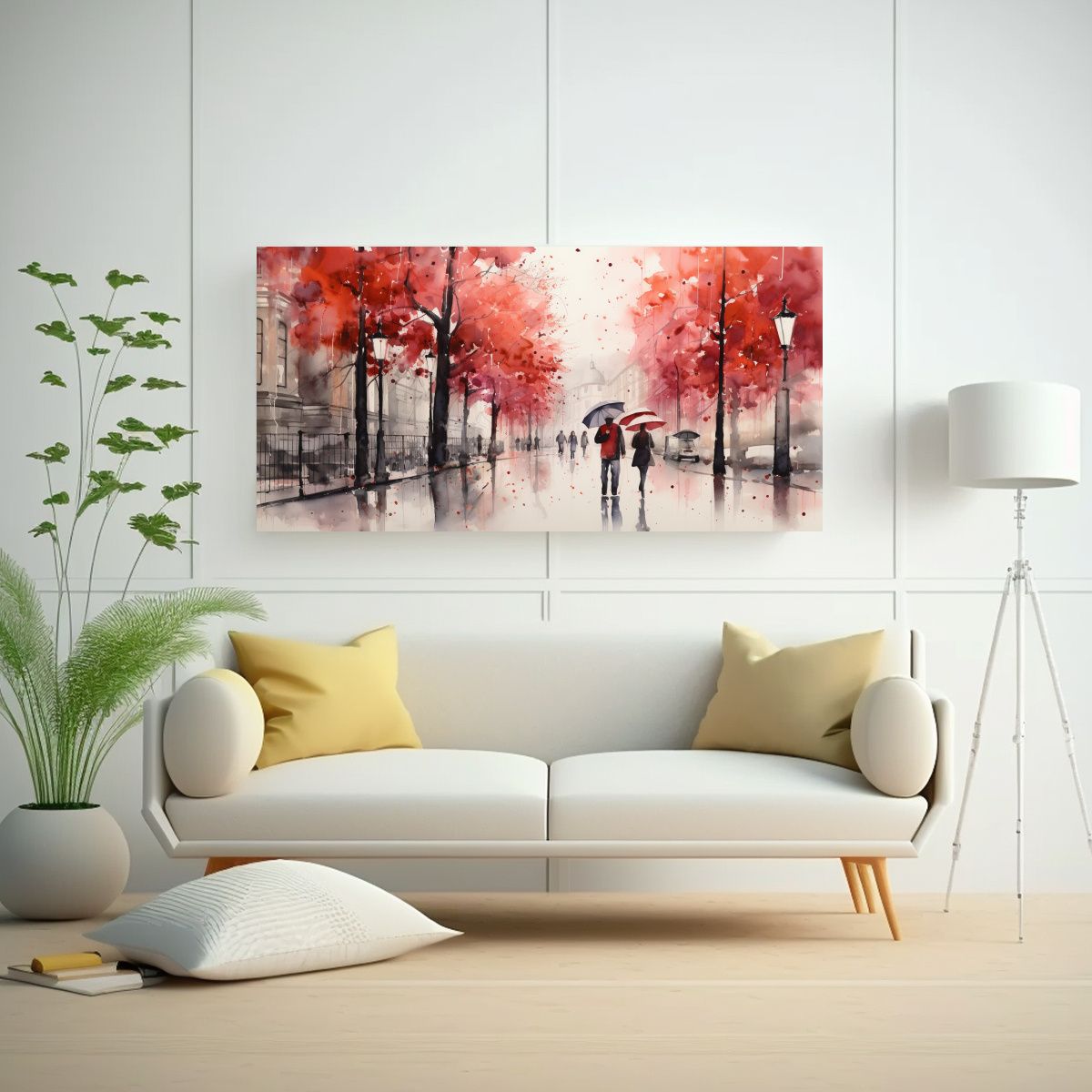 GENERICO - Paseo Bajo La Lluvia Con Paraguas Rojo Y árboles 80x40 Cm