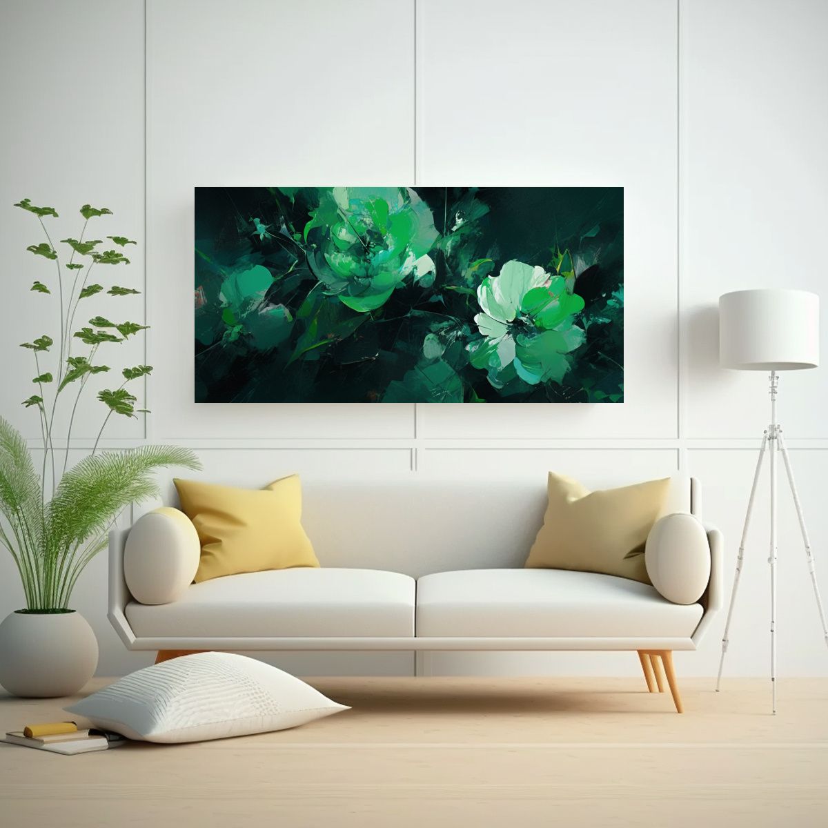 GENERICO - Cuadro Floral Verde Y Negro En Lienzo Para 100x50 Cm