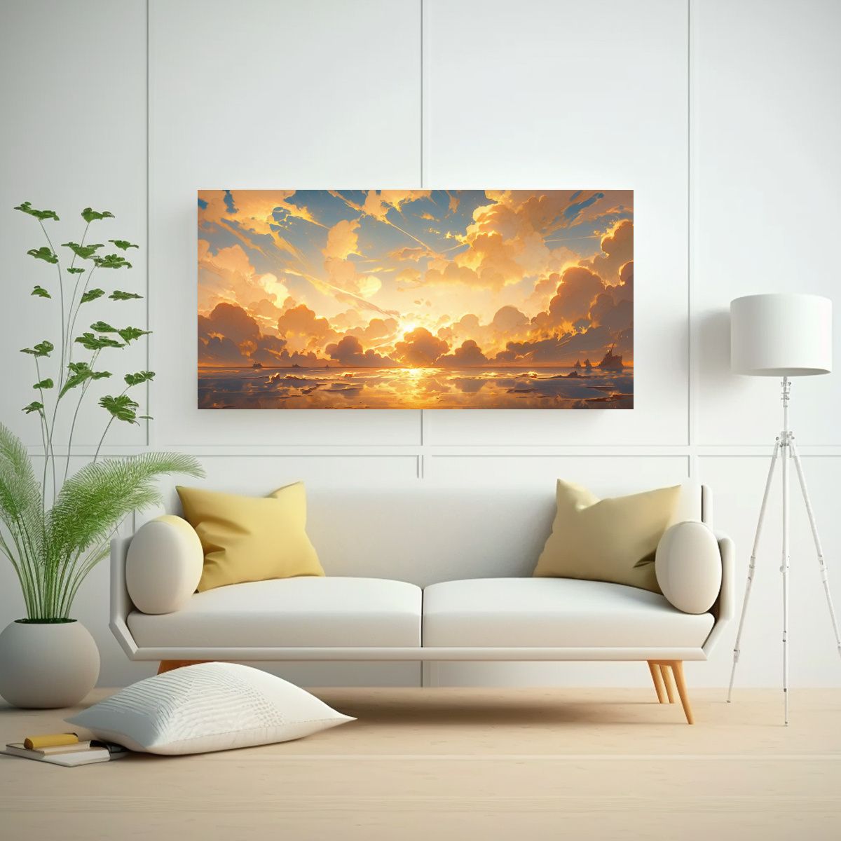 GENERICO - Cuadro Abstracto Mar Y Cielo En Tonos Dorados Con 100x50 Cm