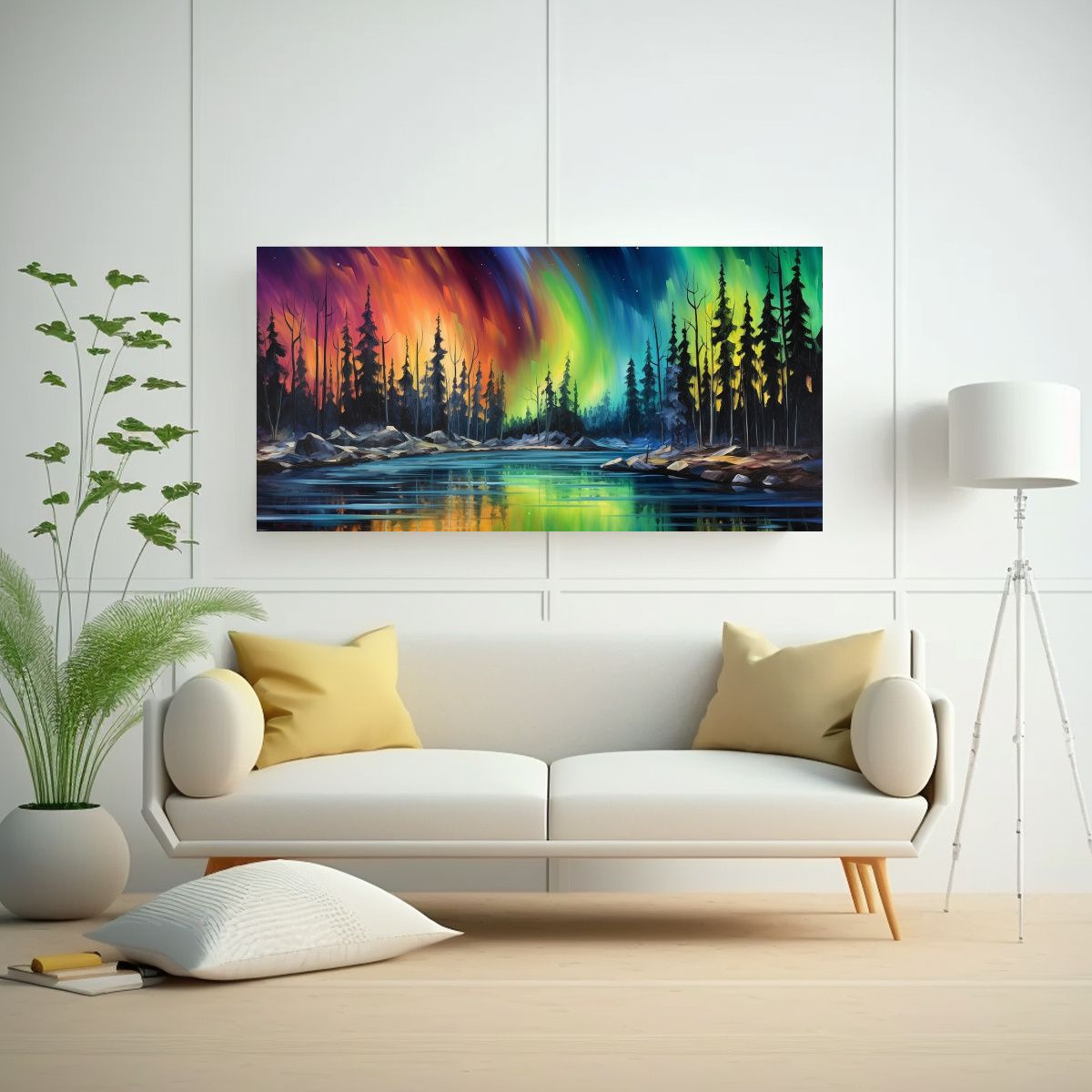 GENERICO - Paisaje Con Auroras Boreales En Cuadro Moderno 80x40 Cm