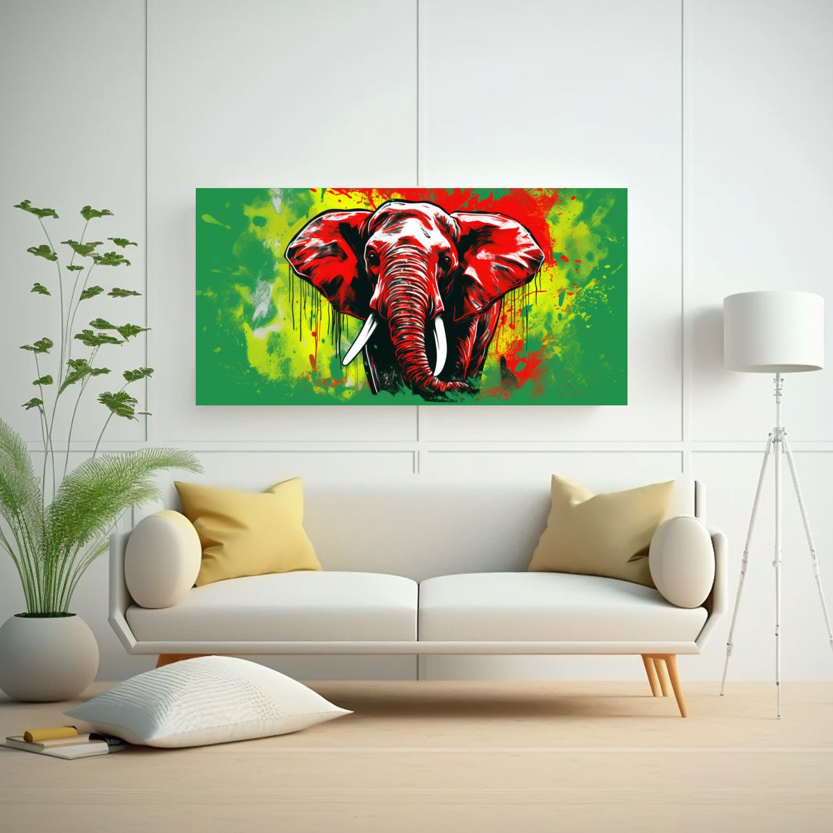 GENERICO - Cuadro De Elefante Asiático En Colores Verde Y 100x50 Cm