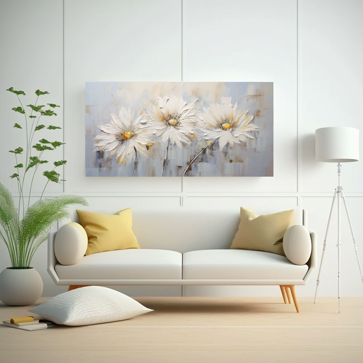 GENERICO - Lienzo En Bastidor Con Girasoles Blancos En 60x30 Cm