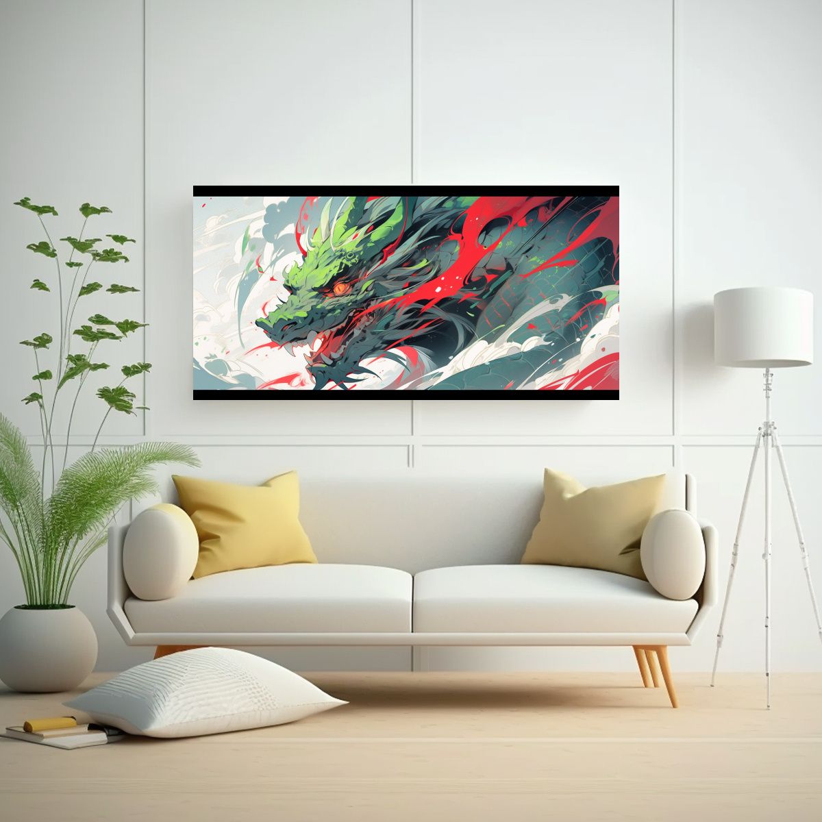 GENERICO - Lienzo Hermoso Dragón Verde Y Rojo Neonoir 80x40 Cm