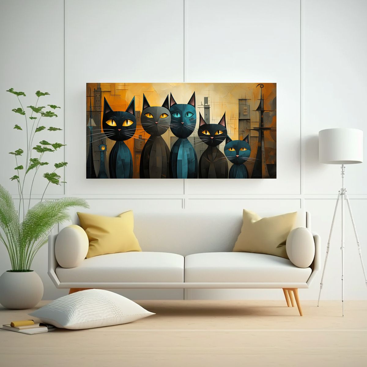 GENERICO - Cuadro Moderno Retrato De Grupo De Gatos De 60x30 Cm