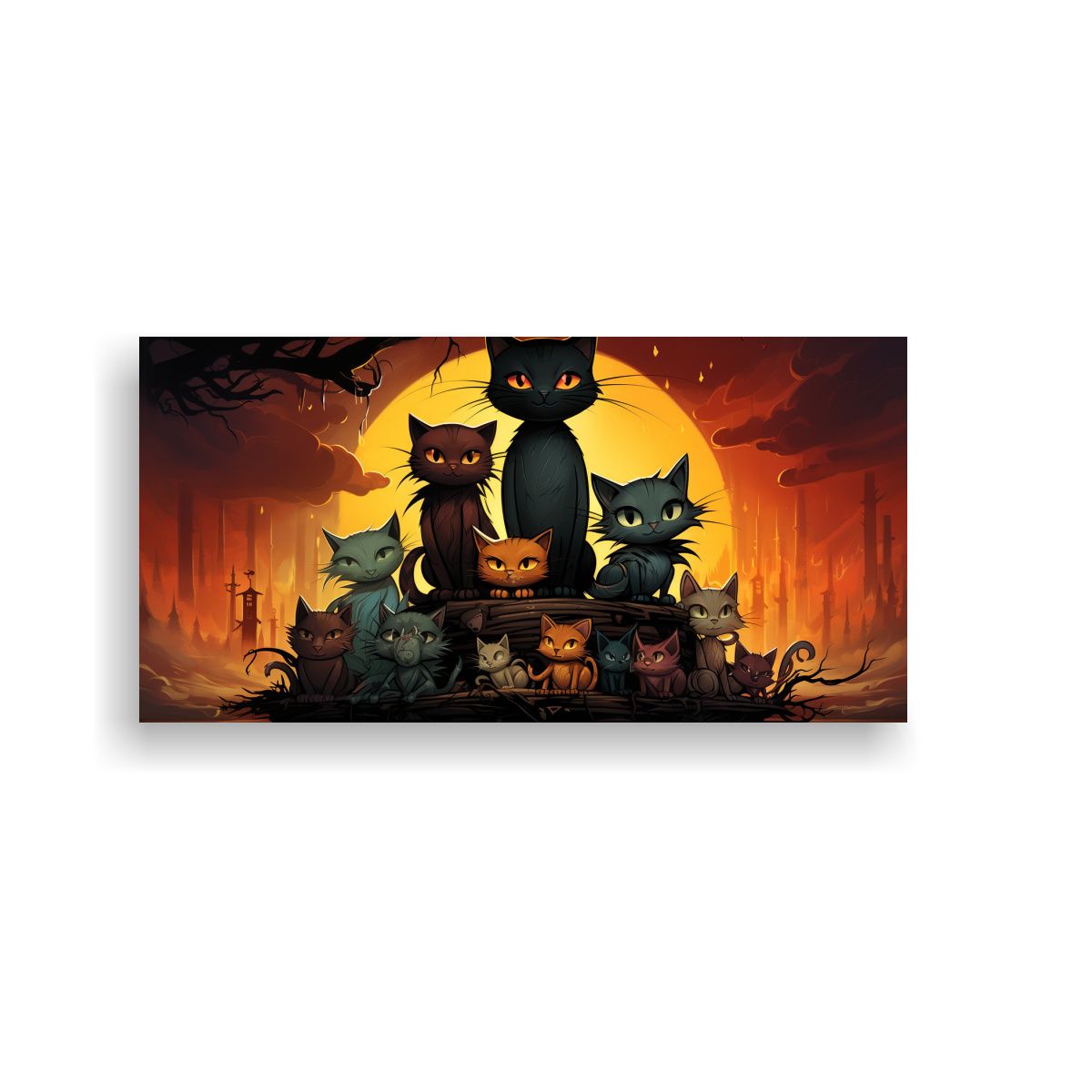 GENERICO - Cuadro Artesanal Horizontal Gatos Negros En Pila 80x40 Cm