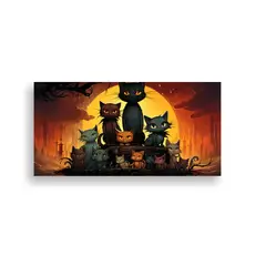 GENERICO - Cuadro Artesanal Horizontal Gatos Negros En Pila 80x40 Cm