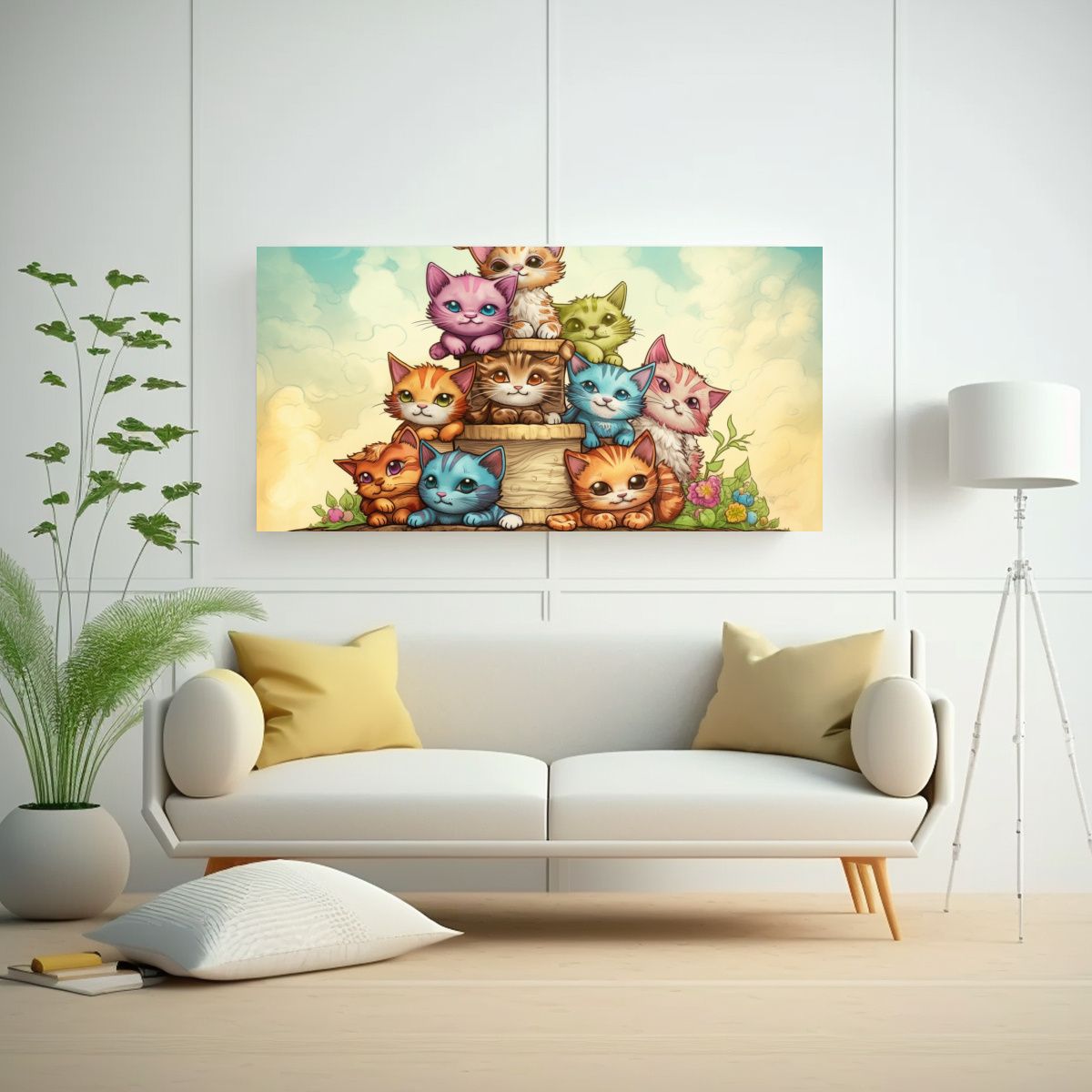 GENERICO - Cuadro Patron Gatos Perchados En Pila Mirando 60x30 Cm