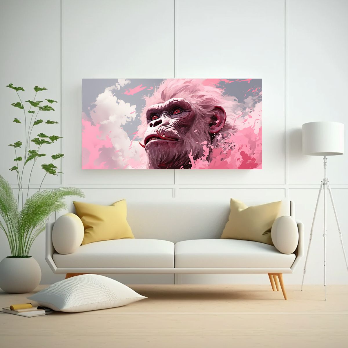 GENERICO - Pintura Decorativa De Gorilas En Crema Y Rosa 80x40 Cm