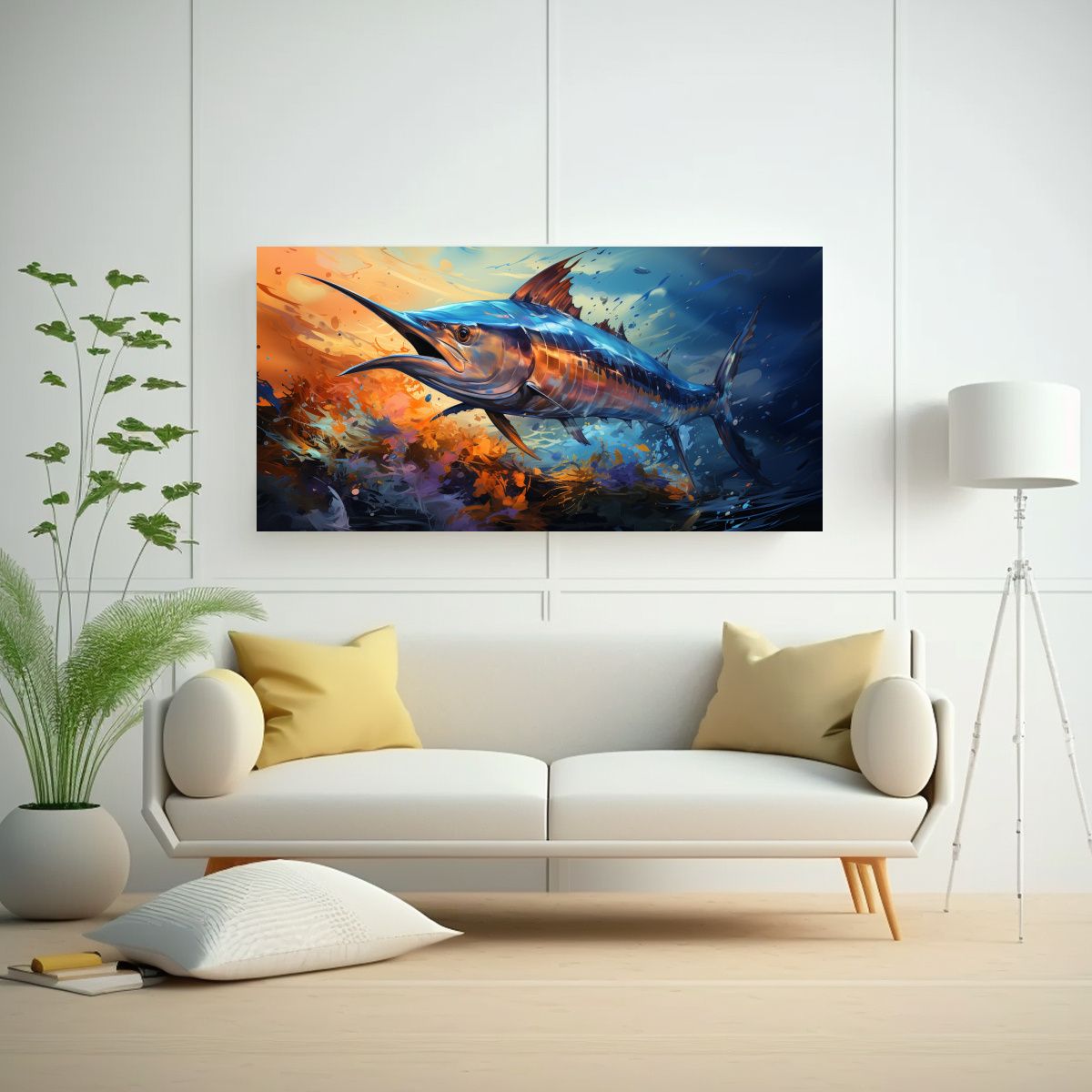 GENERICO - Pintura Acuarela única De Atún Marlin Azul 60x30 Cm