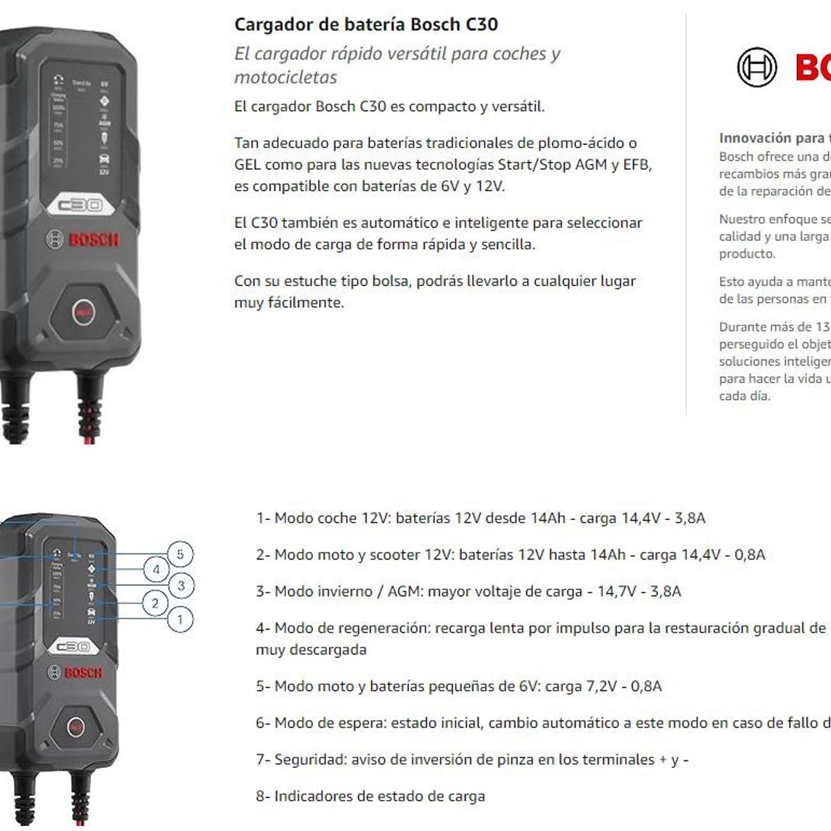 BOSCH - Cargador De Batería Inteligente 6-12V C30 Bosch