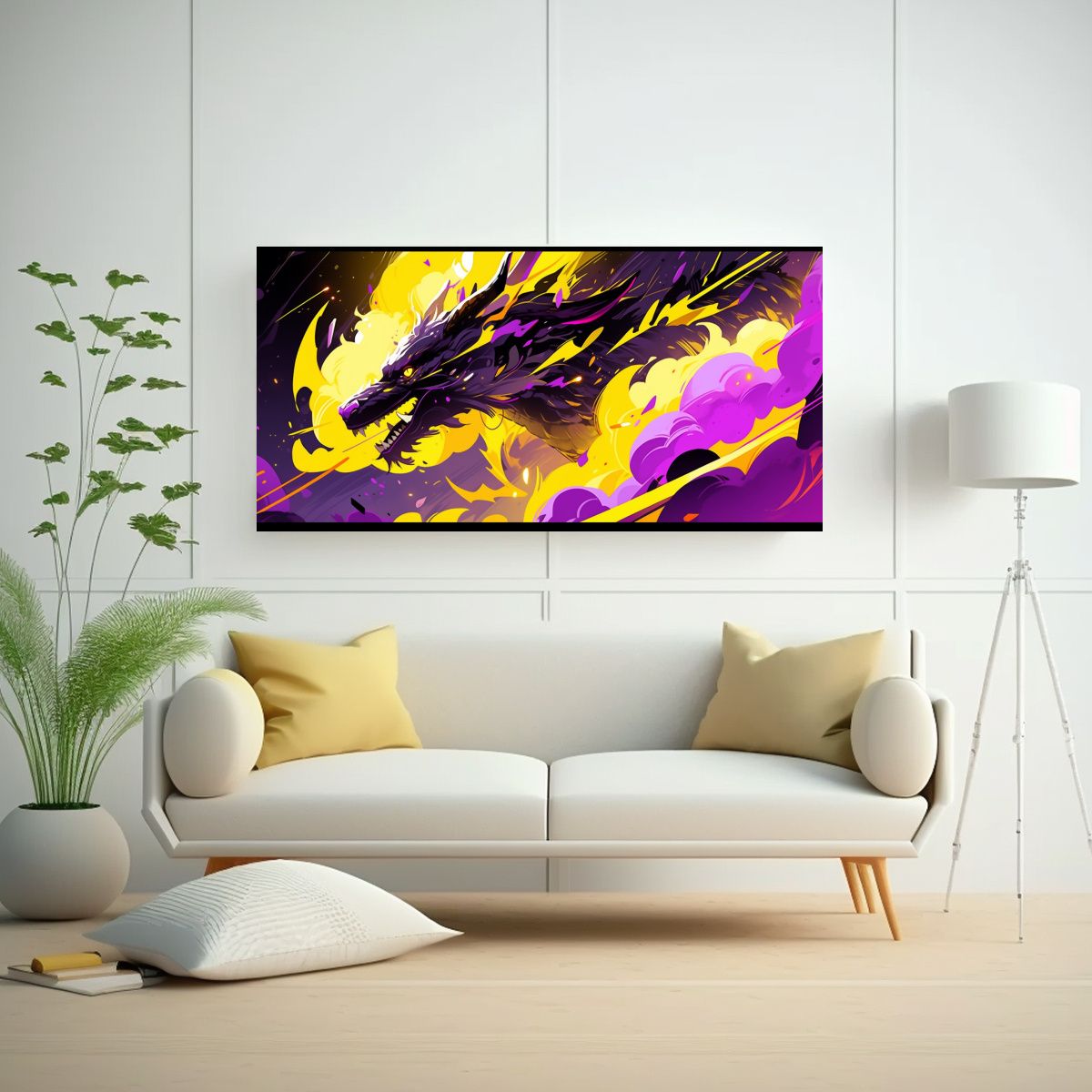 GENERICO - Cuadro Surrealista Dragón En Amarillo Y Morado 100x50 Cm