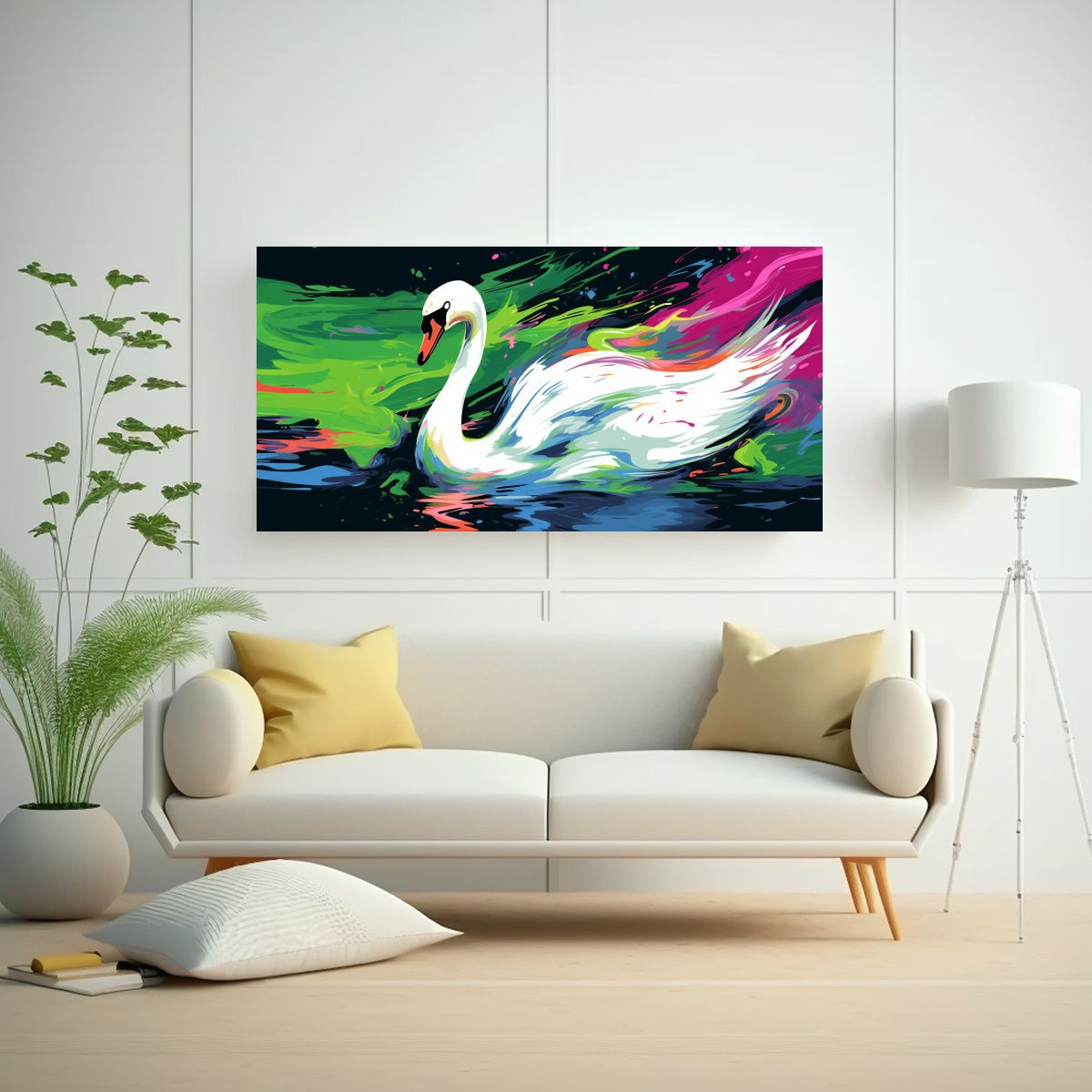 GENERICO - Obra Maestra Cisne En Colores Vibrantes Y Verde 80x40 Cm