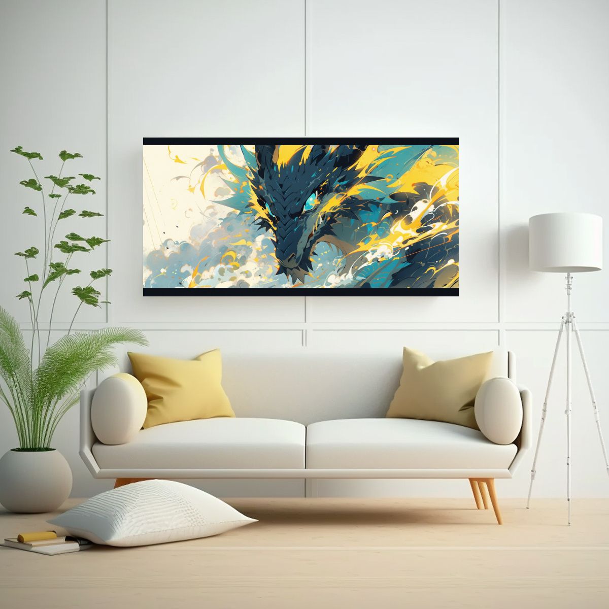 GENERICO - Cuadro Moderno En Bastidor Dragón Amarillo Y 60x30 Cm