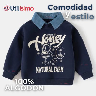 Imagen 2 del producto Polerón Algodón Estilo Pique Manga Larga Niño Azul