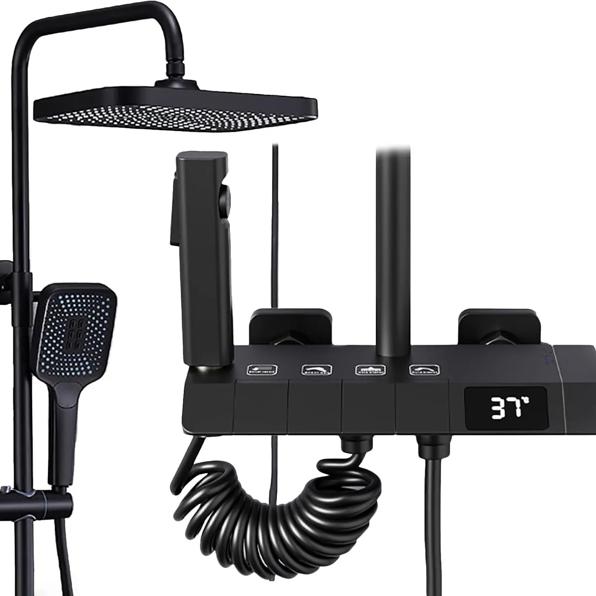 KUANGYE - Ducha Columna Moderna 4 Funciones Llave Botones Negro
