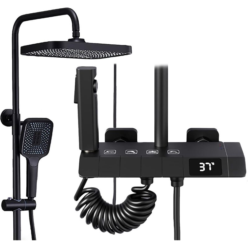 KUANGYE - Ducha Columna Moderna 4 Funciones Llave Botones Negro