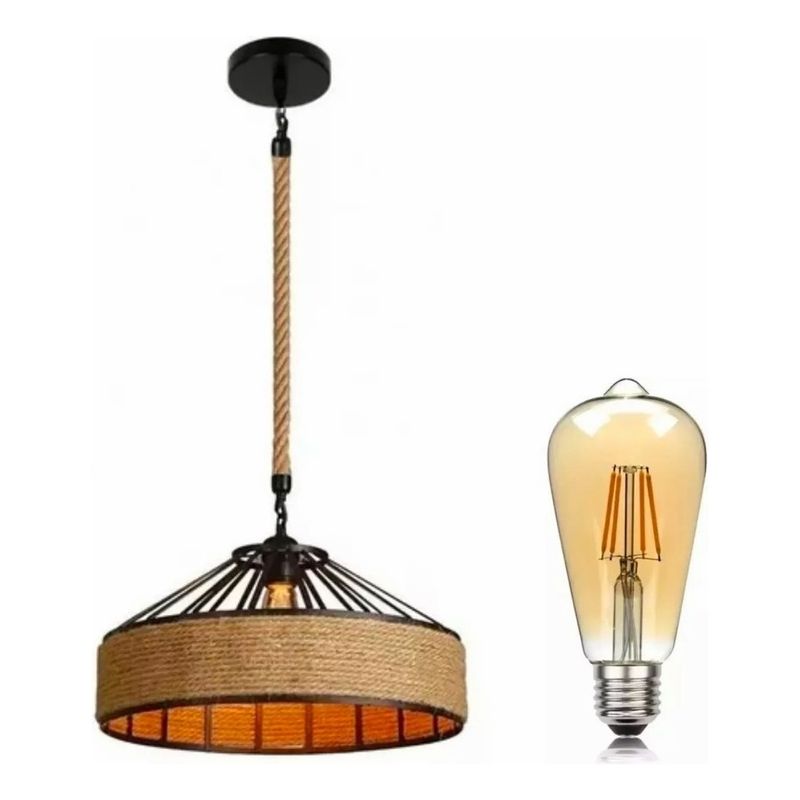METEX - Lampara Colgante 30cm Con Cuerda Cáñamo Metal Rustica