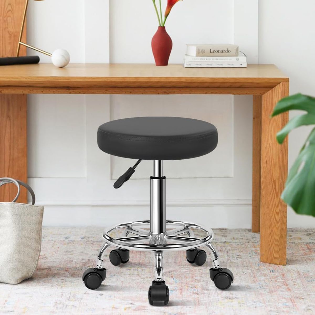 NEWTREE - Taburete Giratorio Con Ruedas Base Cromada