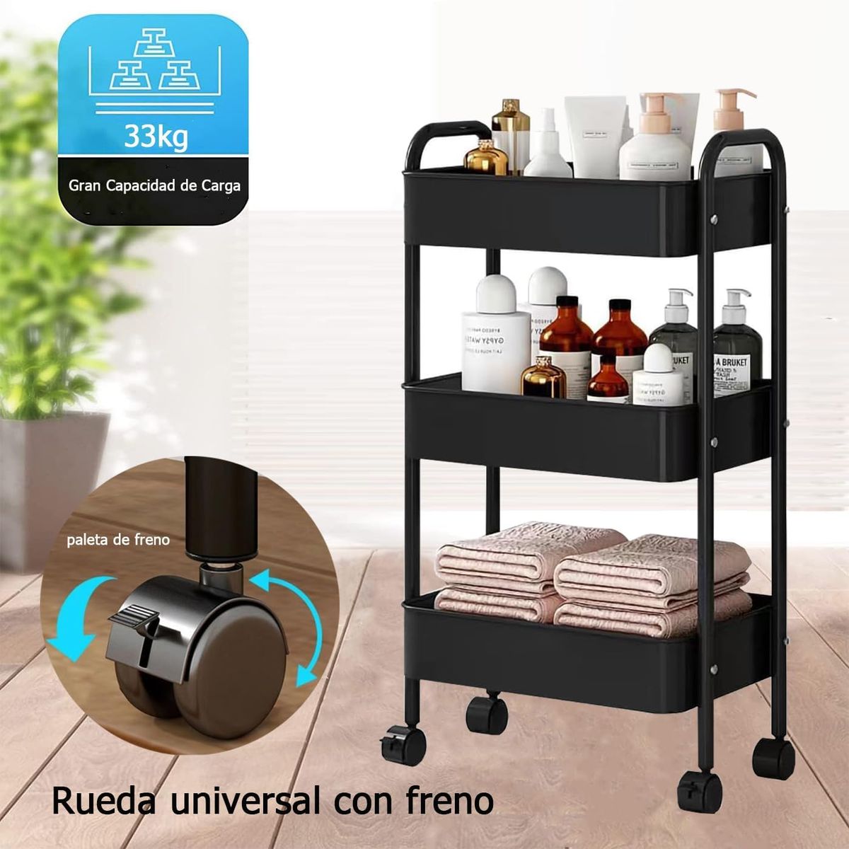 NEWTREE - Carro Organizador Almacenaje Con 3 Estantes Y Ruedas Acero