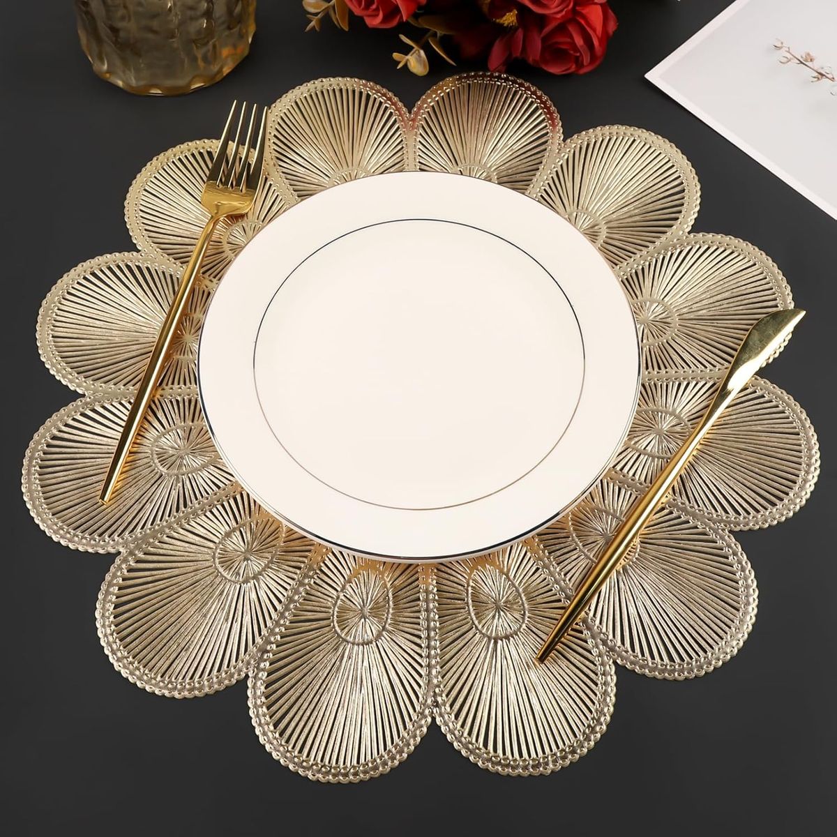 PUREPOWER - Set 6 Manteles Dorados Redondos Vinilo Rosado Lavable para Eventos