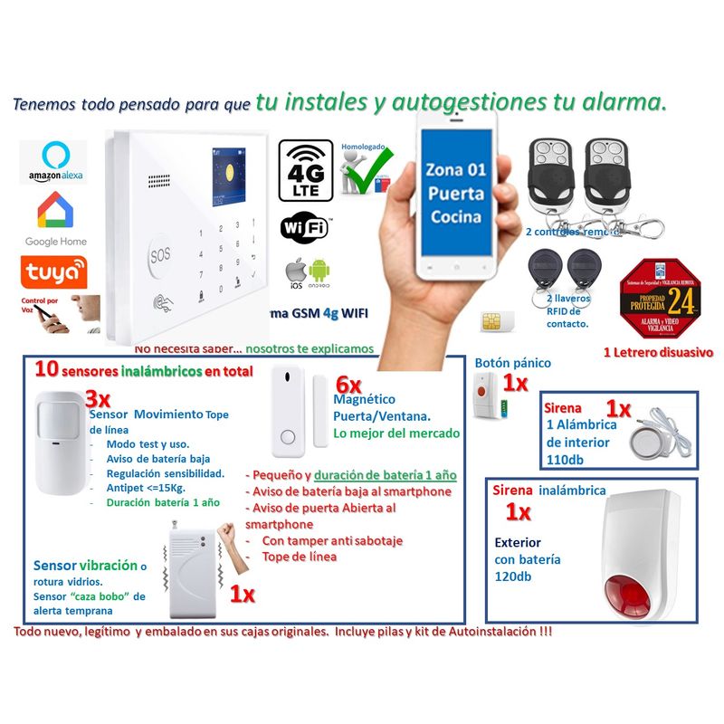 CASA TUYA - Alarma GSM 4gWIFI Google HomeAlexa Sirena 110db